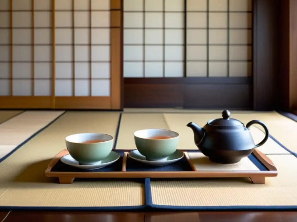 Un juego de té japonés vintage en una mesa de madera, con una rama delicada de cerezo al lado