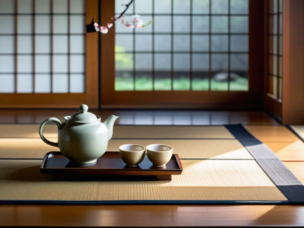 Un juego de té japonés vintage en una mesa de madera, con una rama de cerezo en un jarrón rústico al lado