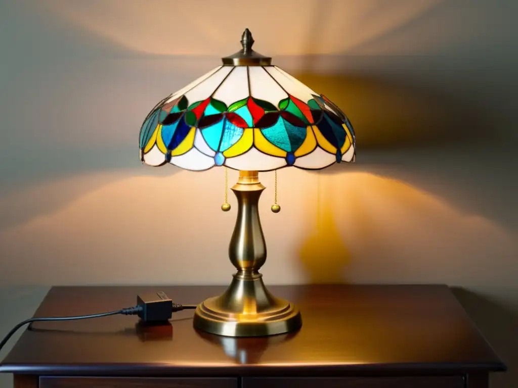 Una lámpara de mesa vintage con base de latón y pantalla de vidrio coloreado, iluminando un escritorio de madera oscura