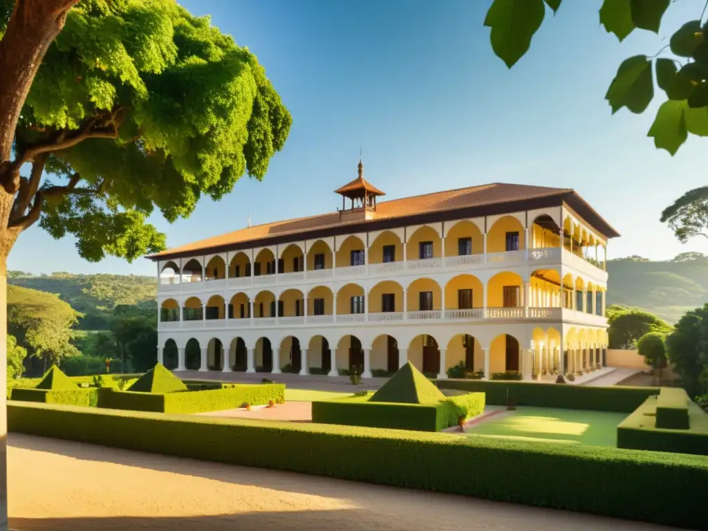 Legado arquitectónico de Paradores Nacionales: Una impresionante imagen vintage del exterior de un Parador Nacional, resaltando su arquitectura histórica y su belleza entre exuberante vegetación