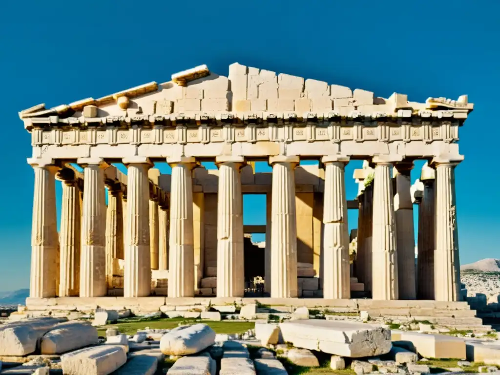 El legado arquitectónico del Partenón: majestuosas columnas bajo el cálido sol, evocando la grandeza de la antigua Grecia