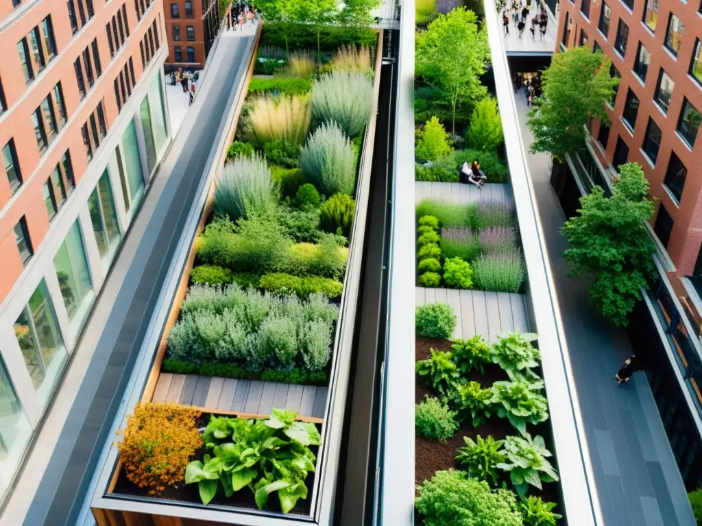 Transformación del High Line Nueva York: Vista aérea del vibrante parque elevado con vegetación exuberante y arquitectura innovadora, rodeado de rascacielos y edificios históricos