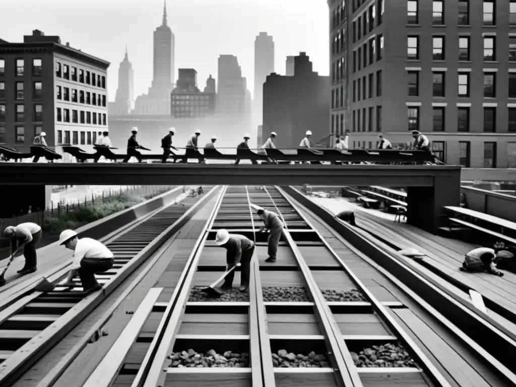 Transformación del High Line Nueva York: Trabajadores transformando vías en un parque urbano, con el horizonte de Manhattan de fondo