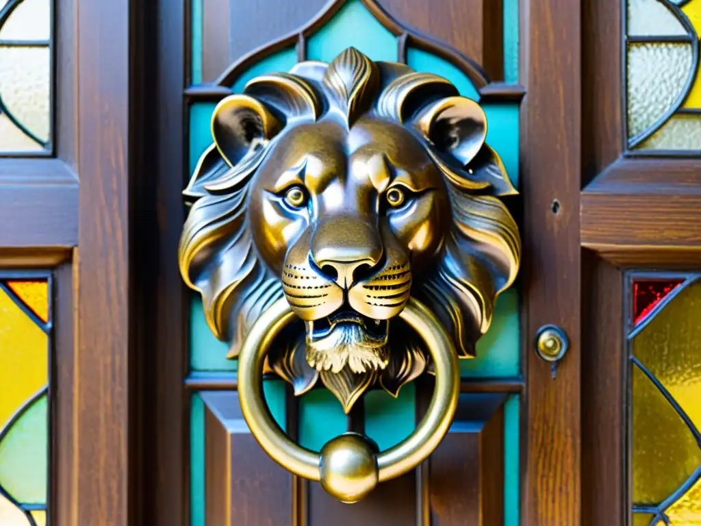 Un llamador de bronce vintage con forma de cabeza de león en una puerta de madera, bañado por la luz del sol