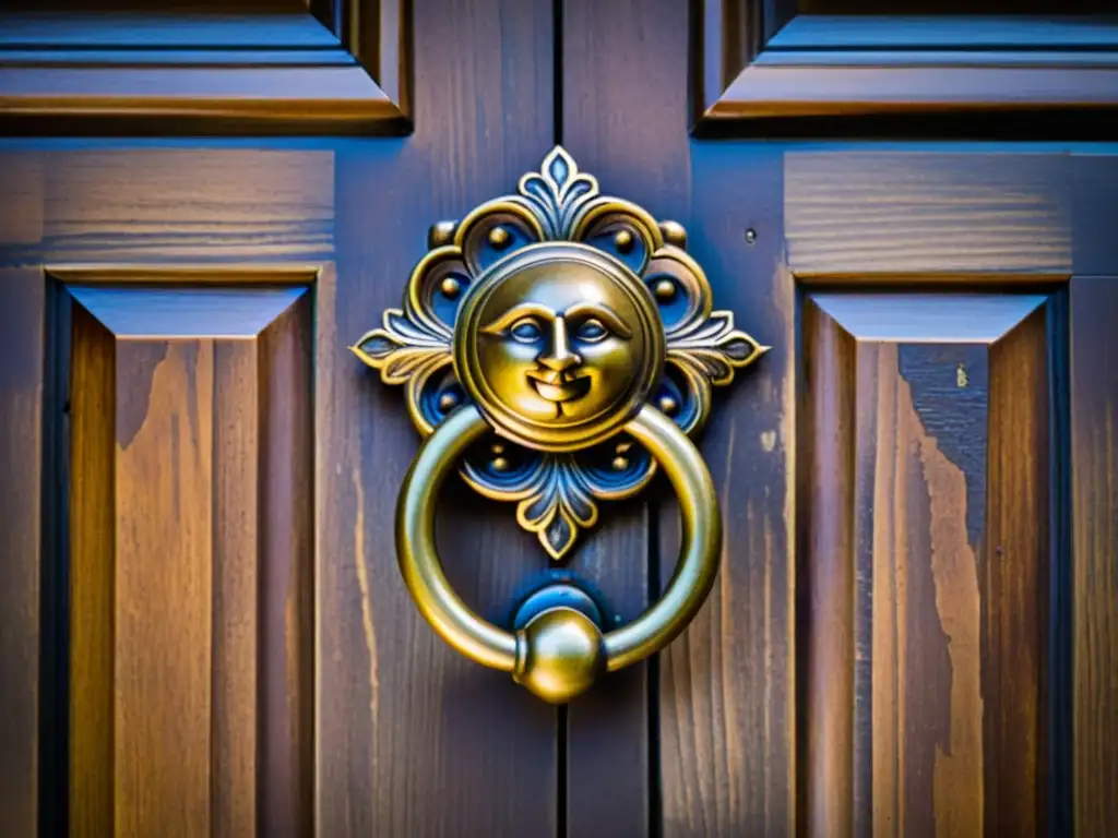 Un llamador de puerta de latón con detalles florales y geométricos, montado en una puerta de madera envejecida