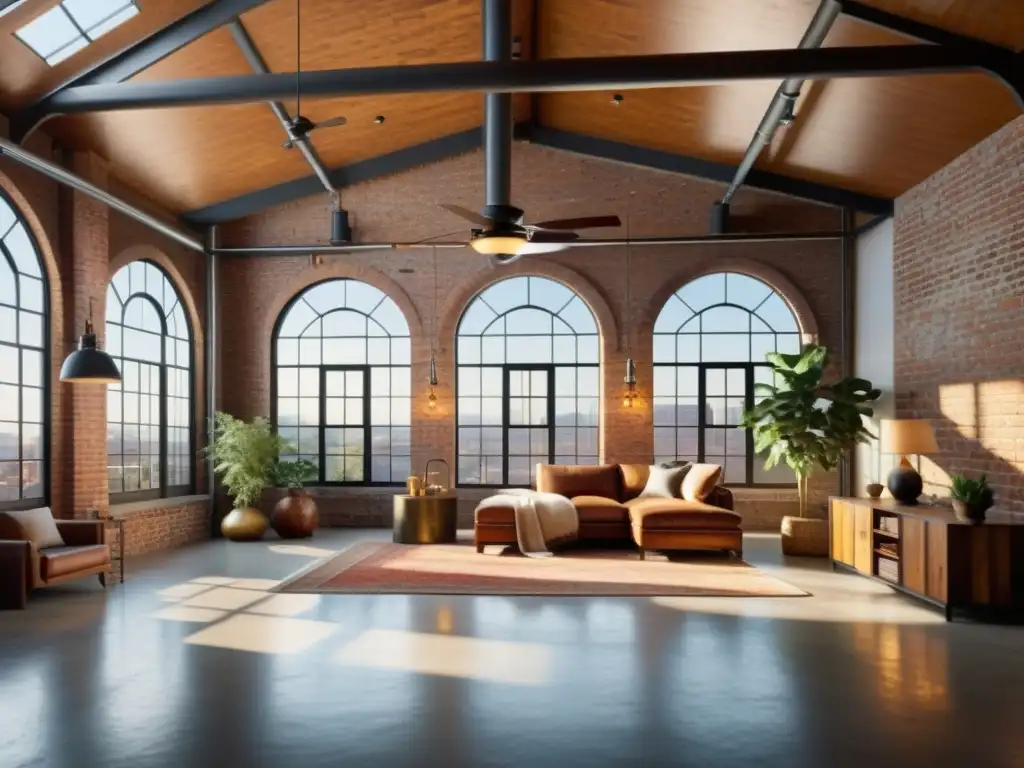 Loft industrial vintage en 8k: ambiente elegante y acogedor Un loft industrial vintage con diseño de interiores en lofts históricos, muebles de mediados de siglo y luz natural cálida