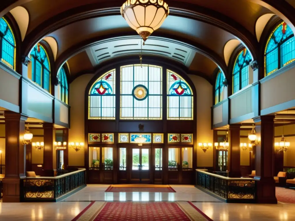 Una lujosa y cálida escena en el lobby de un hotel histórico, con arquitectura impresionante y una pareja disfrutando de vino