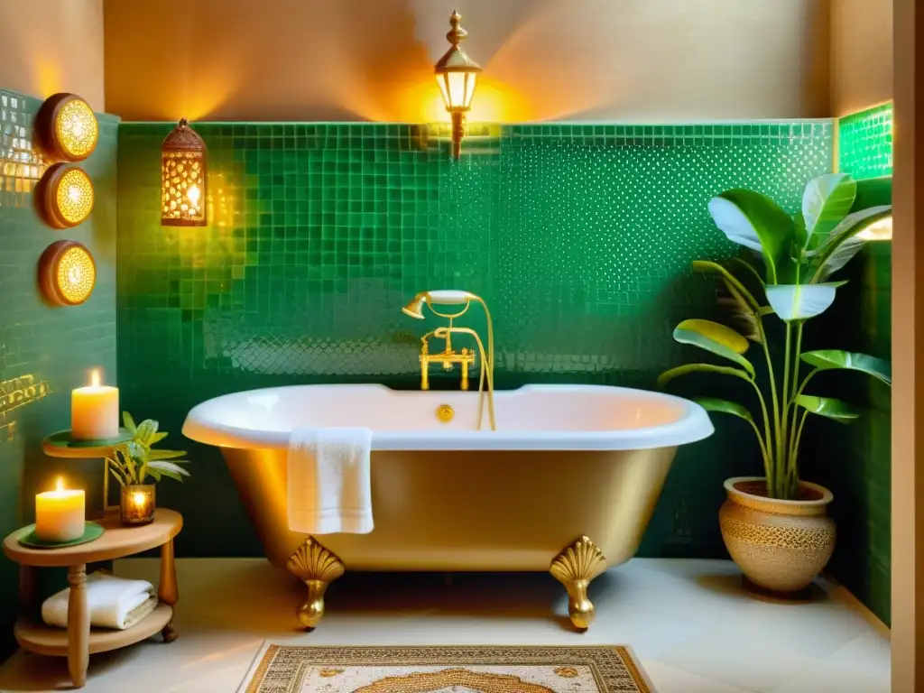 Un lujoso baño vintage con detalles dorados y mosaicos, rodeado de plantas y toallas