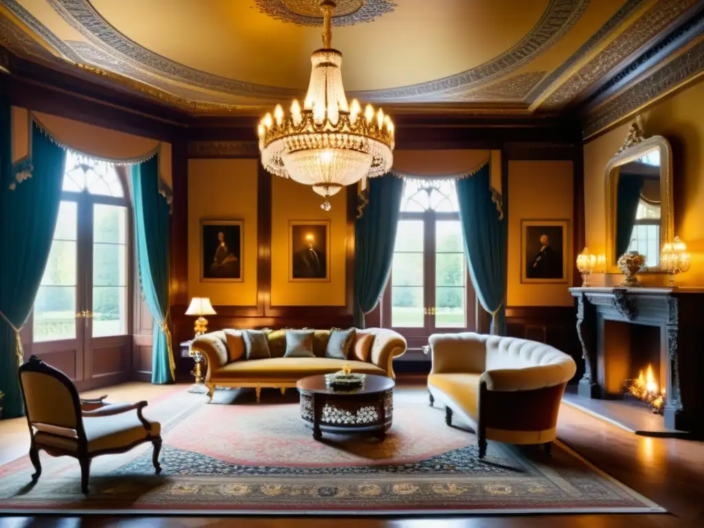 Un lujoso salón victoriano con mobiliario ornamental, tapices ricos y una gran lámpara de araña