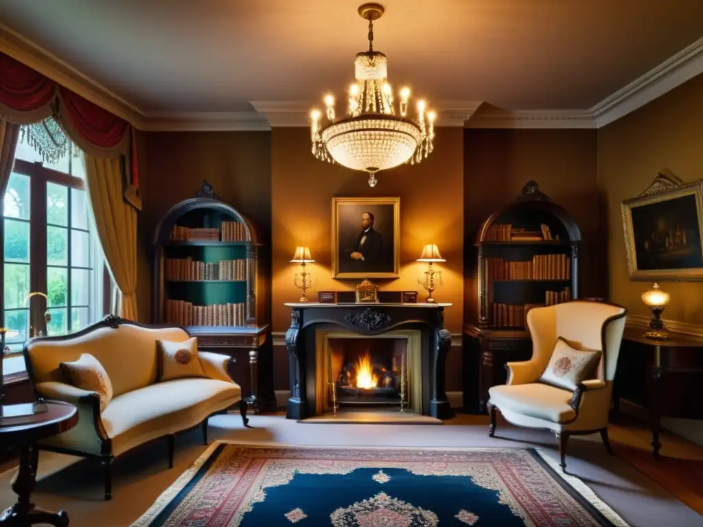 Un lujoso salón victoriano con muebles ornamentados, tapices ricos y una elegante araña