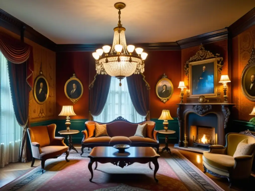 Un lujoso salón victoriano con muebles de terciopelo, chimenea y lámparas de gas, evocando ambientes inspirados en el siglo XIX