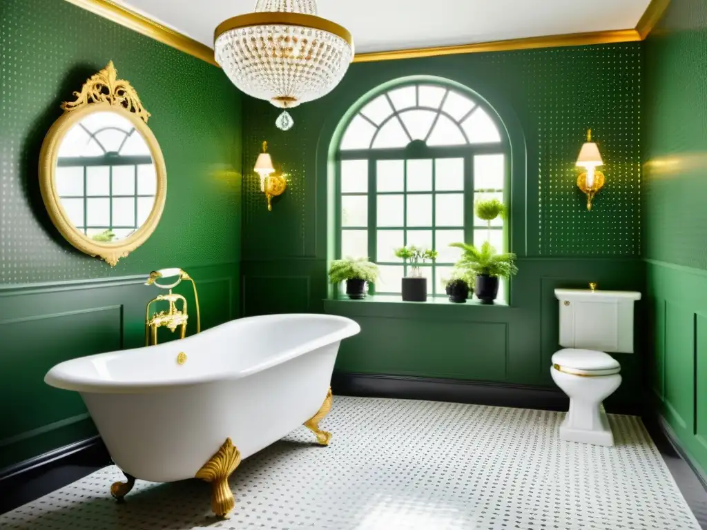 Baño lujoso vintage con sanitarios exclusivos, bañera blanca y plantas verdes, reflejando elegancia y opulencia