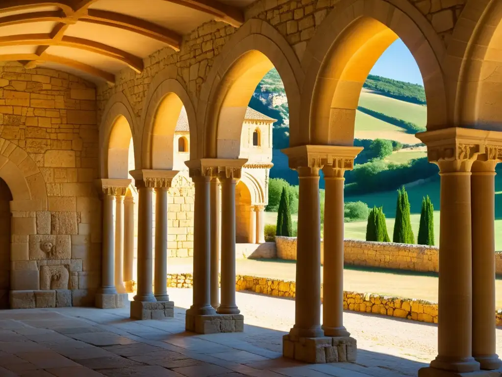 La luz dorada resalta las características arquitectónicas del románico ibérico en el Monasterio de San Juan de Duero, Soria, España