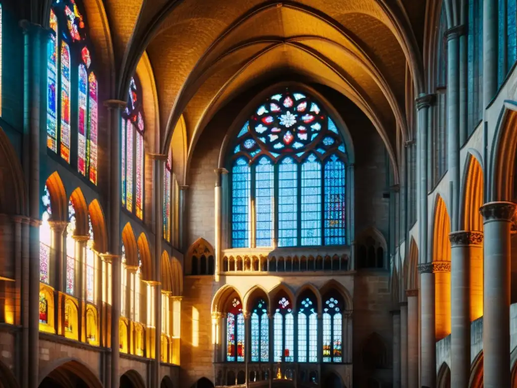 La luz solar ilumina las majestuosas vidrieras y arcos de la abadía gótica de Saint-Denis, destacando su significado arquitectónico