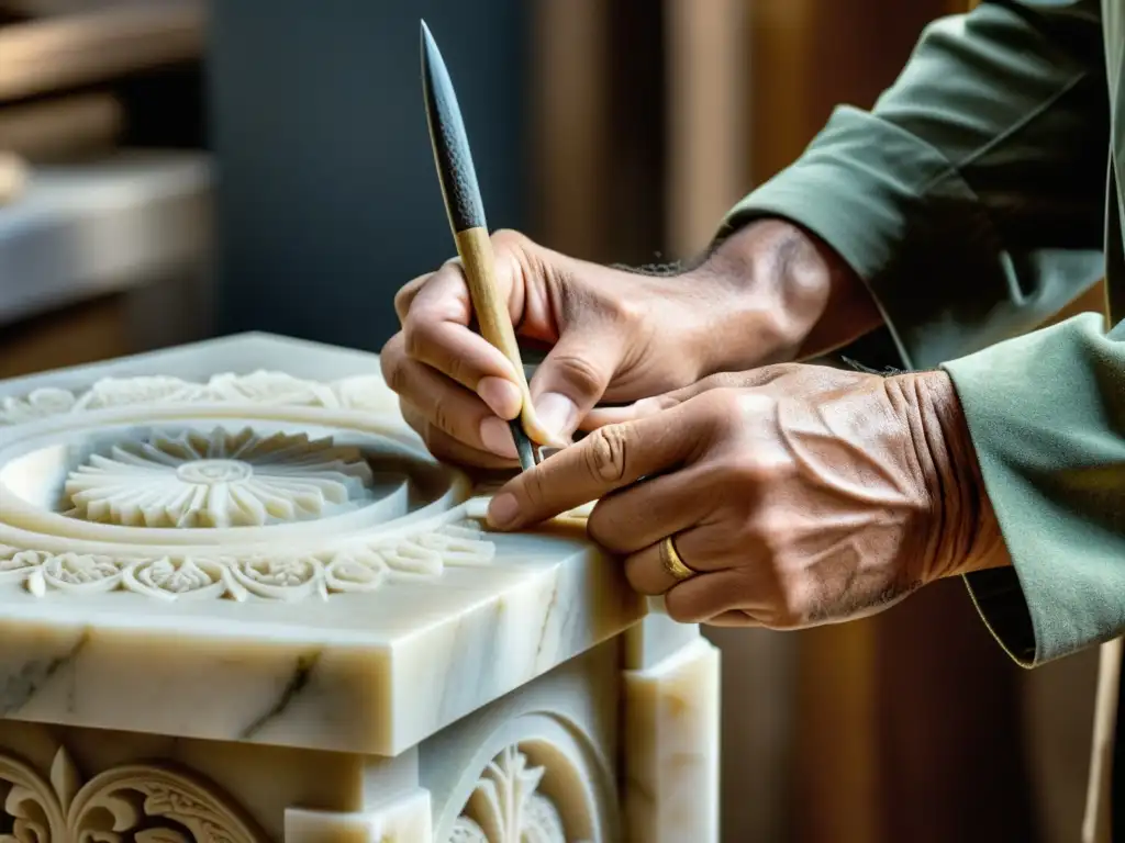 Un maestro artesano esculpe delicados patrones florales en un pilar de mármol, mostrando técnicas de construcción del alto renacimiento