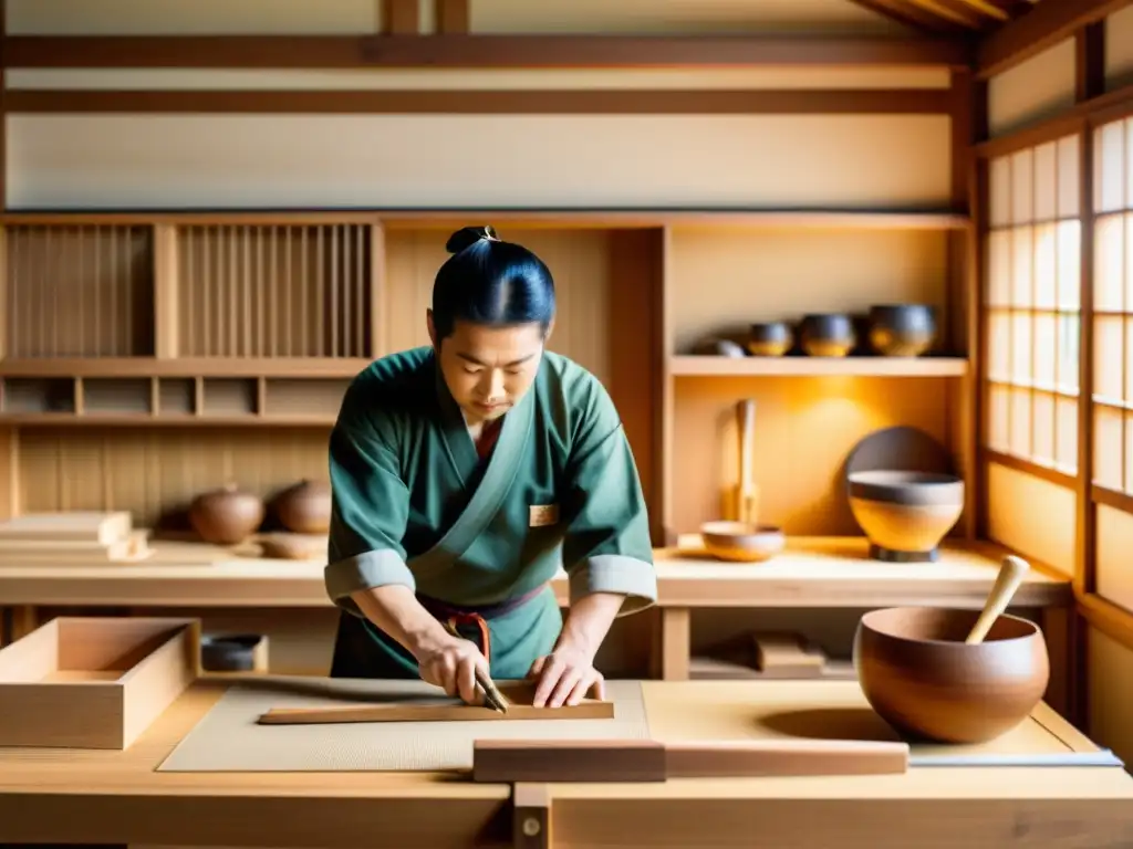 Un maestro carpintero japonés ensambla con precisión una junta sin clavos en un taller tradicional, iluminado por luz natural suave