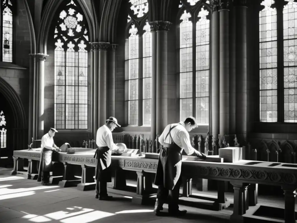 Maestros artífices de la arquitectura gótica, tallando con destreza los detalles de la catedral mientras la luz solar realza su dedicación y habilidad