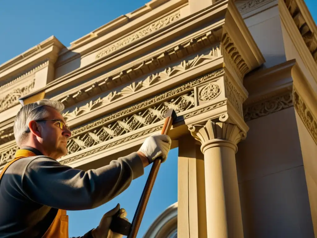 Restauración artesanal de edificio histórico: dedicación y tradición Maestros restaurando detalles arquitectónicos con herramientas tradicionales en un edificio histórico