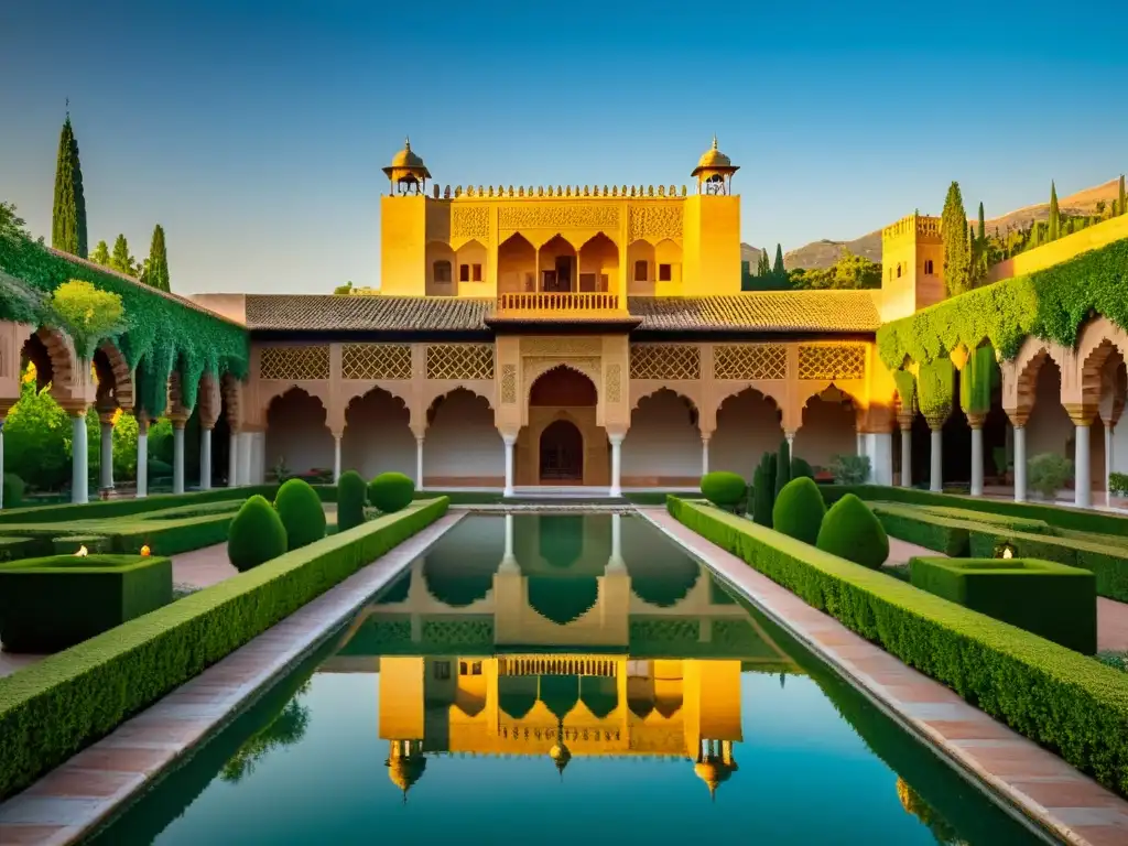 La majestuosa Alhambra al atardecer, bañada por cálidos rayos dorados, con arquitectura morisca detallada, jardines exuberantes y piscinas tranquilas, evoca la grandeza atemporal y misteriosa de leyendas, castillos emblemáticos y rica