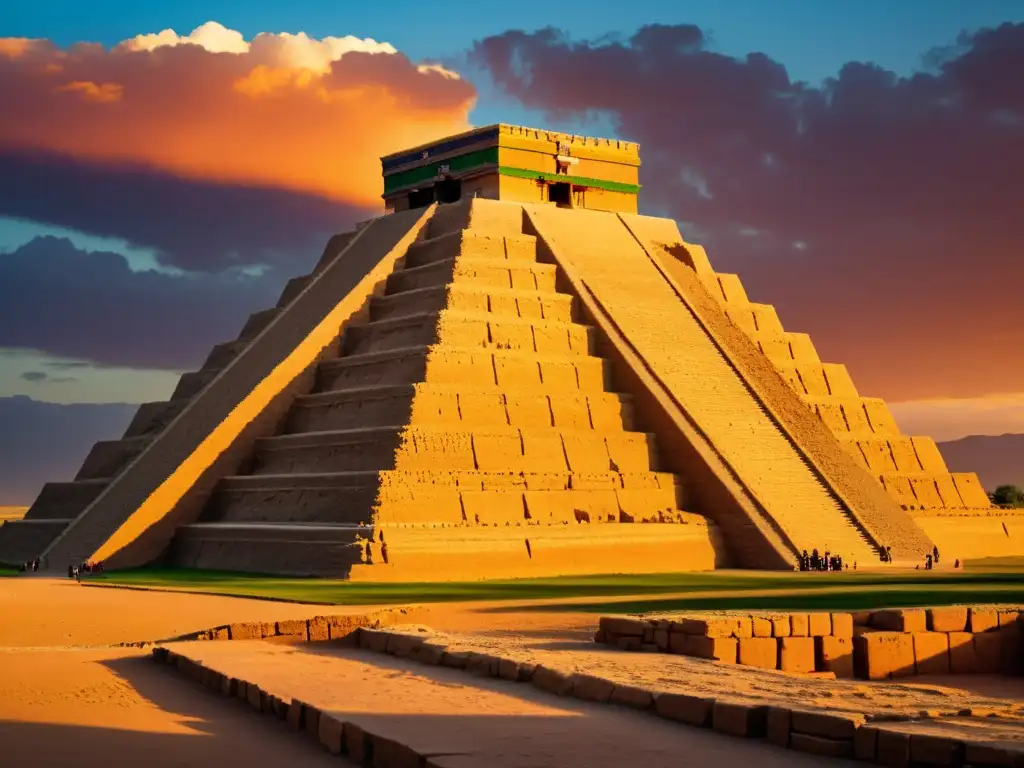 La majestuosa arquitectura de civilizaciones desaparecidas: ziggurat antiguo se yergue en un atardecer vibrante