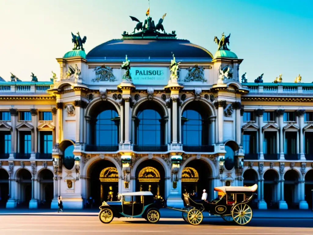 La majestuosa arquitectura histórica en París del Palais Garnier, iluminada por faroles, evoca la elegancia de la Belle Époque