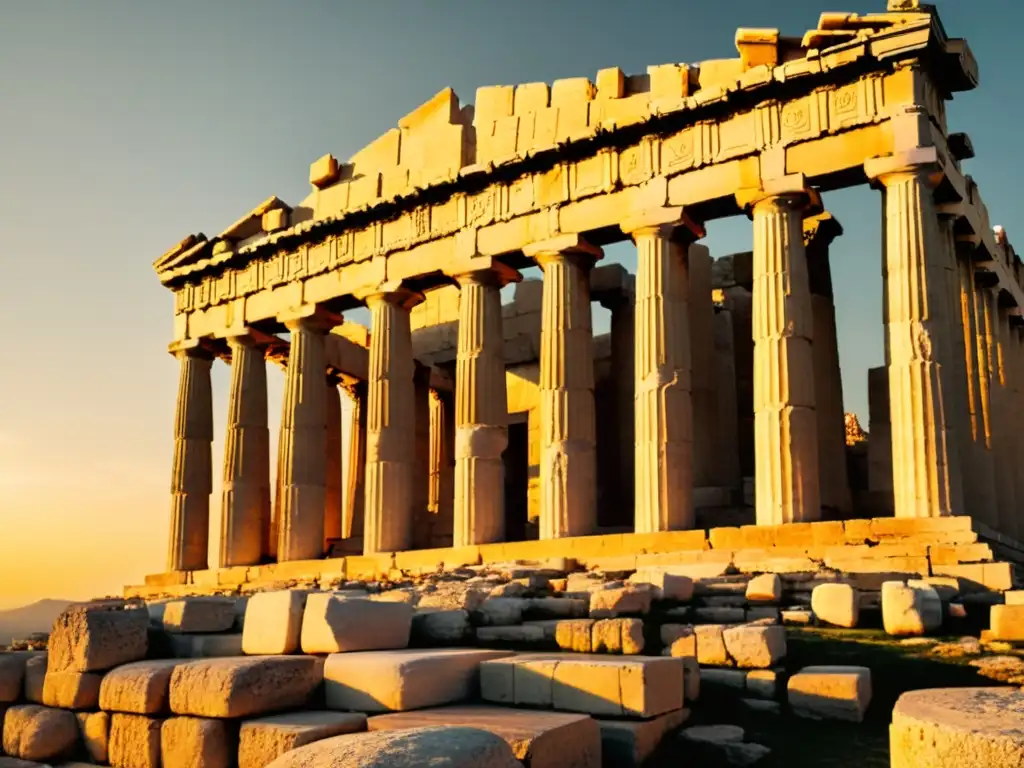 Descubriendo la majestuosa arquitectura de templos griegos antiguos en el atardecer, el Parthenon en Atenas, bañado por la cálida luz dorada del sol