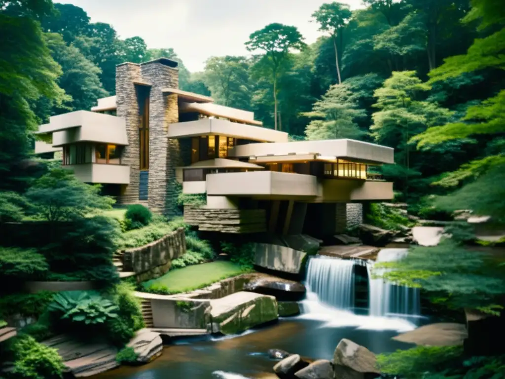 La majestuosa casa Fallingwater de Frank Lloyd Wright, con diseño biofílico ejemplos arquitectura, fusiona naturaleza y arquitectura en blanco y negro