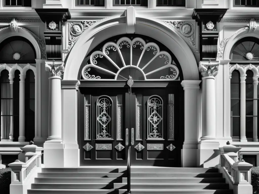 Una majestuosa entrada de edificio histórico con una escalera ornamentada y detalles arquitectónicos, evocando una elegancia atemporal