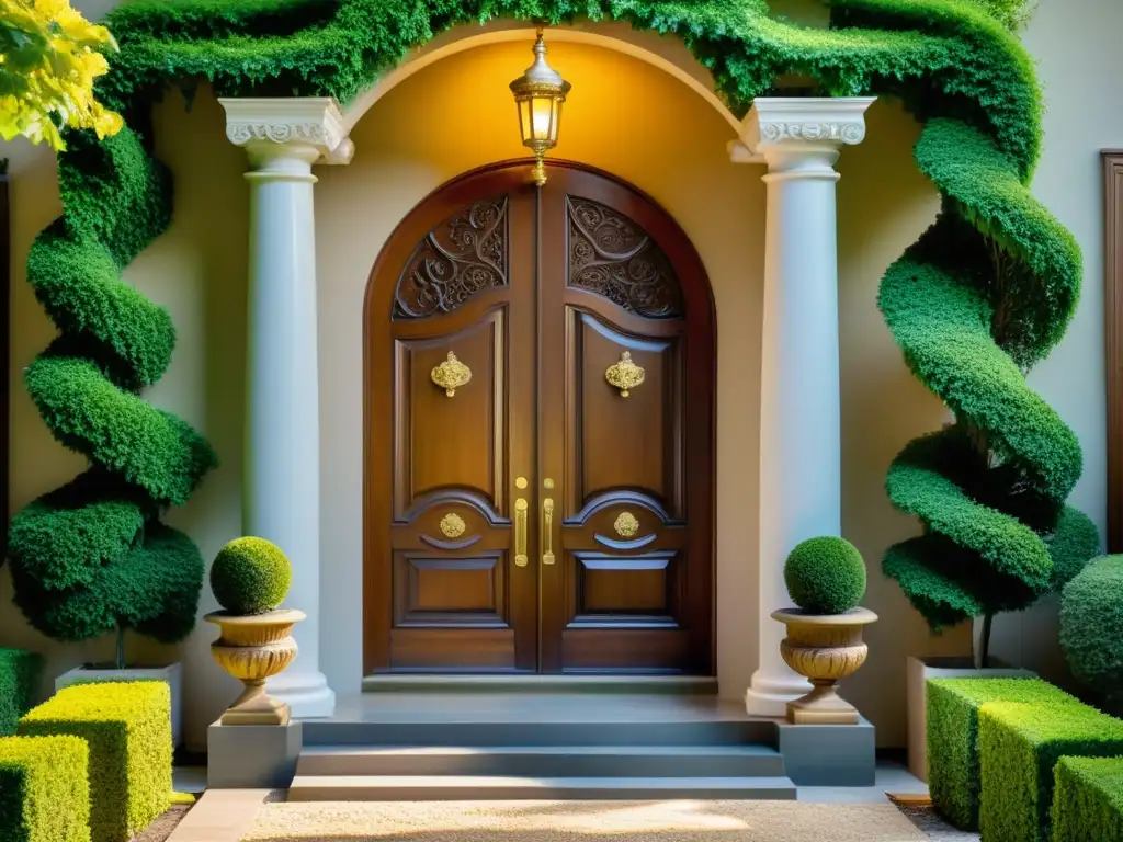 Una majestuosa entrada de madera vintage con detalles ornamentales y pomos de latón, irradiando lujo y elegancia atemporal