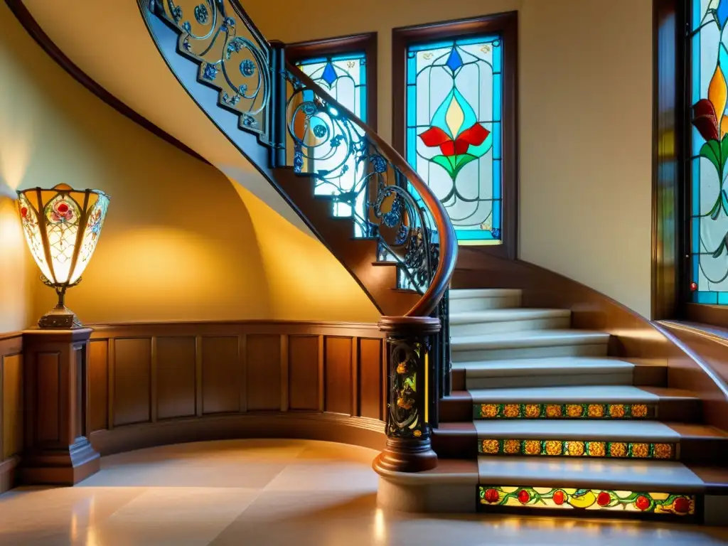 Una majestuosa escalera de estilo Art Nouveau, iluminada por luz cálida y adornada con detalles florales y barandillas de hierro forjado