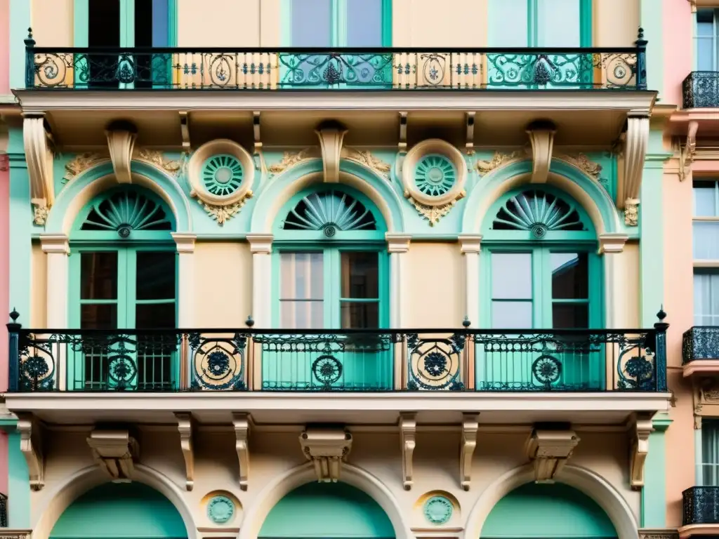 Fotografía vintage de una majestuosa fachada Belle Époque con balcones de hierro forjado, detalles ornamentales y ventanas arqueadas