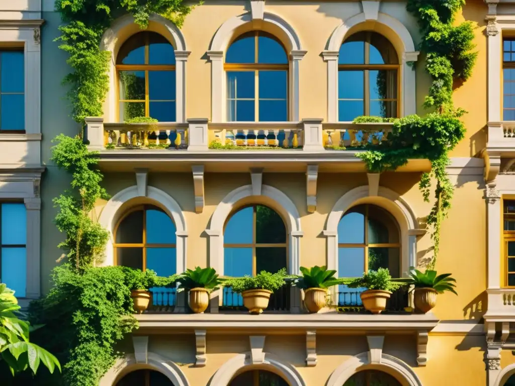 Una majestuosa fachada de edificio antiguo con exquisitos detalles arquitectónicos, abrazada por exuberante vegetación