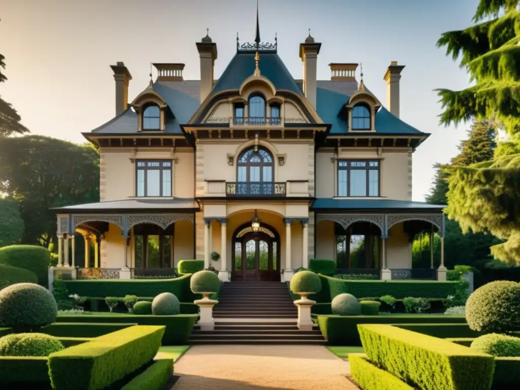 Una majestuosa mansión histórica con arquitectura victoriana detallada, jardines exuberantes y una elegante entrada