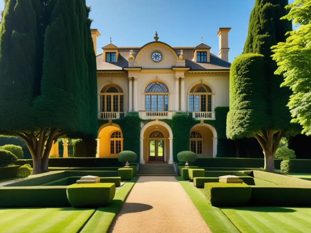 Una majestuosa mansión histórica rodeada de exuberantes jardines, evocando la opulencia de otras épocas