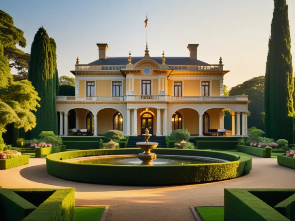 Una majestuosa mansión histórica rodeada de exuberantes jardines y árboles altos