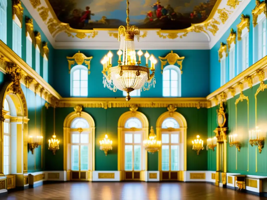 Una majestuosa imagen del lujoso interior del Palacio de Catalina en San Petersburgo, Rusia, muestra los detalles dorados del Barroco Ruso