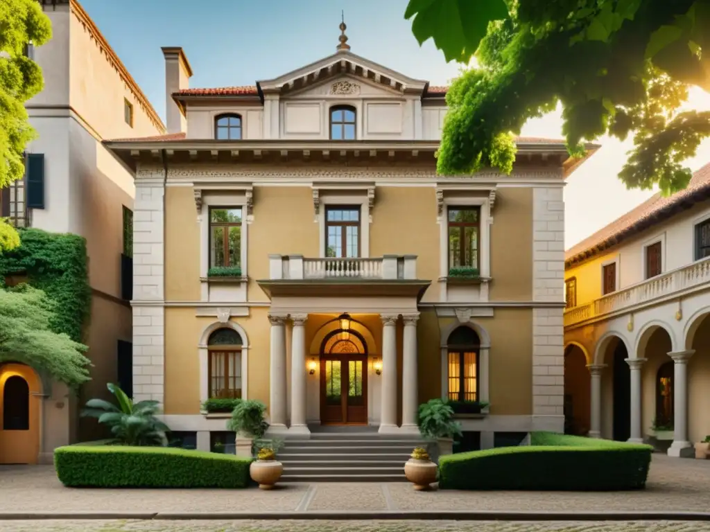 Una majestuosa fotografía vintage de un imponente edificio histórico rodeado de exuberante vegetación y un patio empedrado