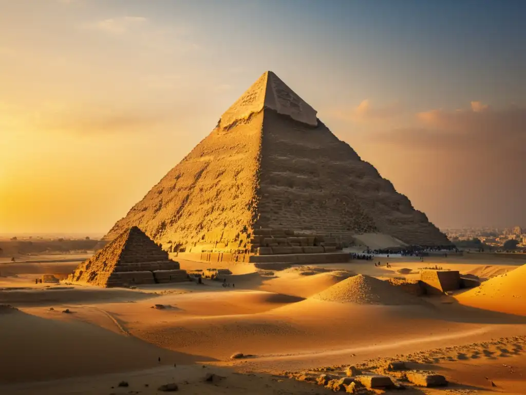 Majestuosa pirámide de Giza al atardecer, resaltando la impresionante obra de piedra y la grandeza antigua