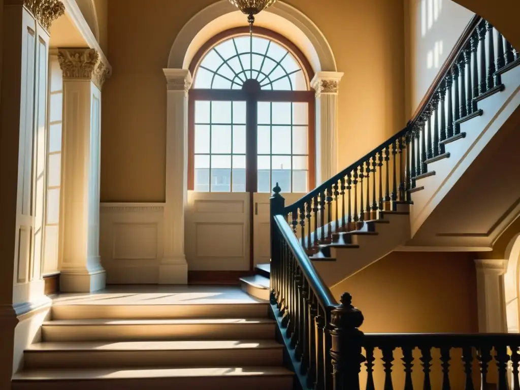 Esplendor histórico: Majestuoso edificio vintage bañado por la luz del sol Una majestuosa propiedad histórica bañada en cálida luz solar, con detalles arquitectónicos intrincados y una impresionante escalera