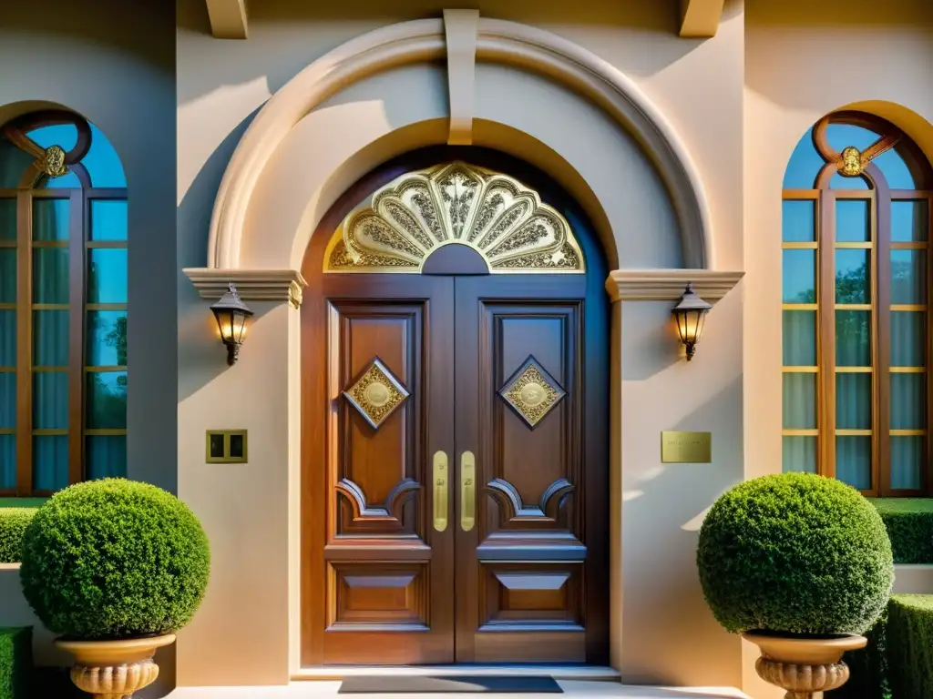 Una majestuosa puerta de madera con intrincados detalles florales, arquitectura impresionante en residencia de lujo