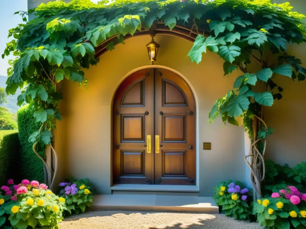 Una majestuosa puerta de madera vintage con intrincados tallados y herrajes de latón, enmarcada por enredaderas y flores coloridas