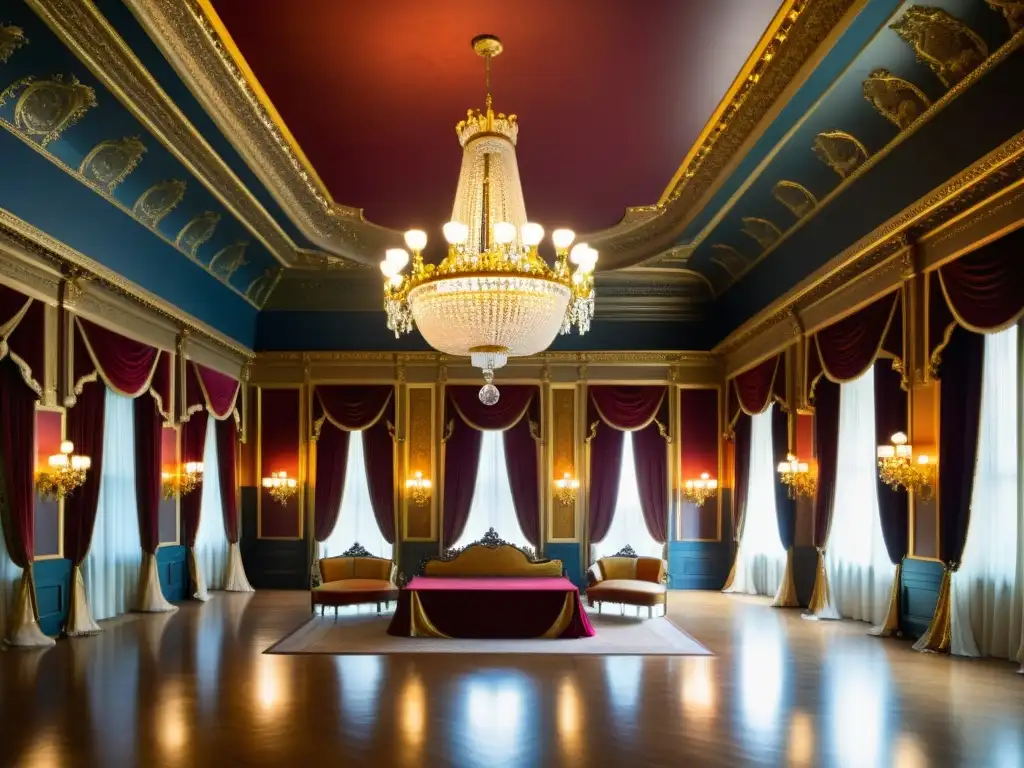 Una majestuosa sala de baile de la Belle Époque, con detalles arquitectónicos impresionantes, muebles opulentos y una atmósfera de lujo y elegancia