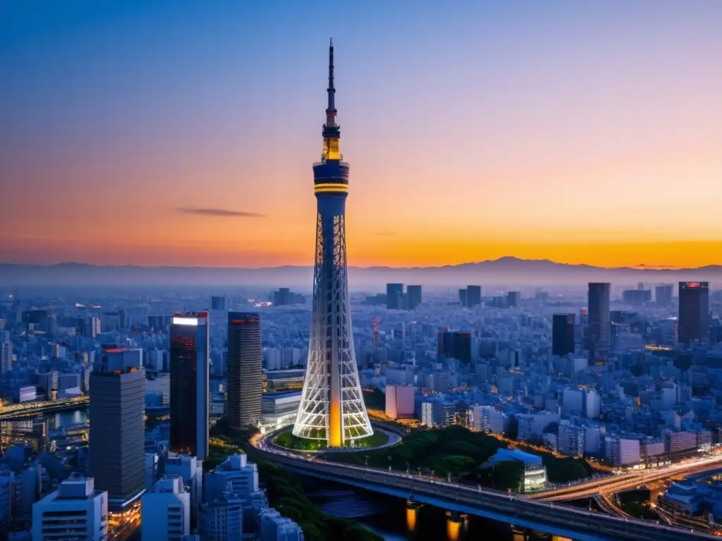 La majestuosa Torre Skytree de Tokio al amanecer, resaltando su estructura y la arquitectura moderna en Japón