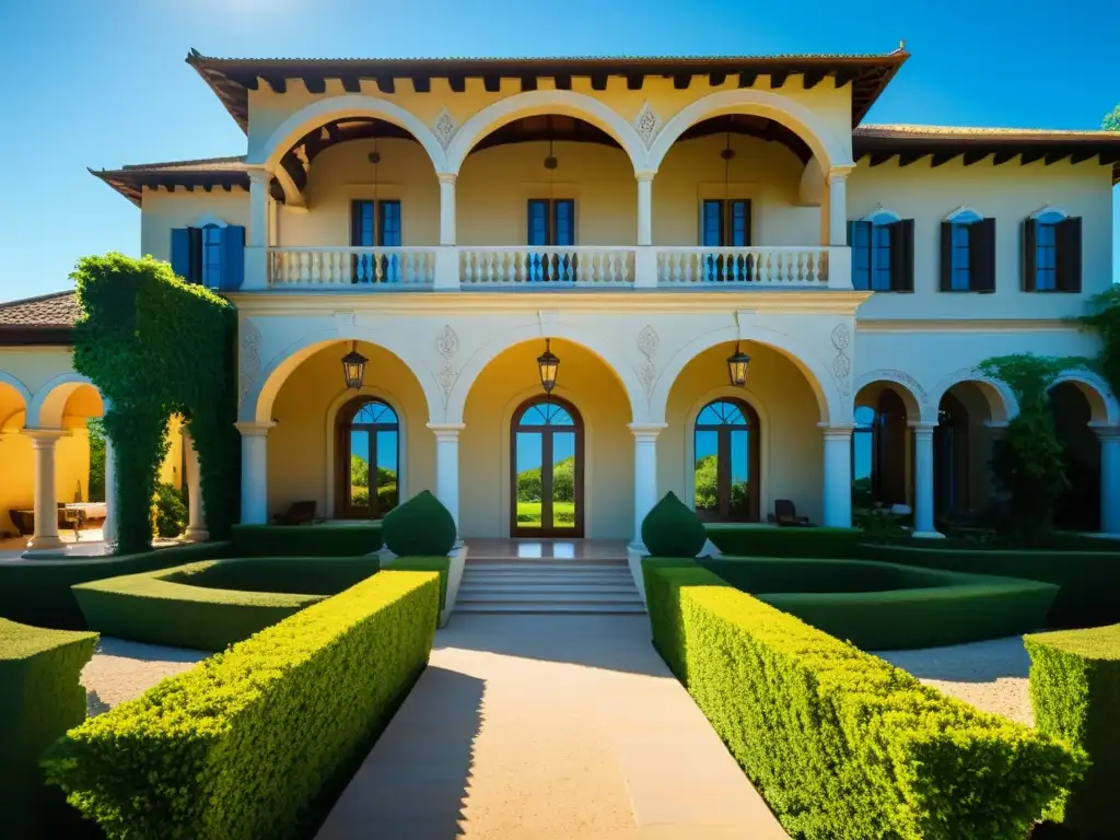 Una majestuosa villa renacentista rodeada de exuberantes jardines y paisajes serenos