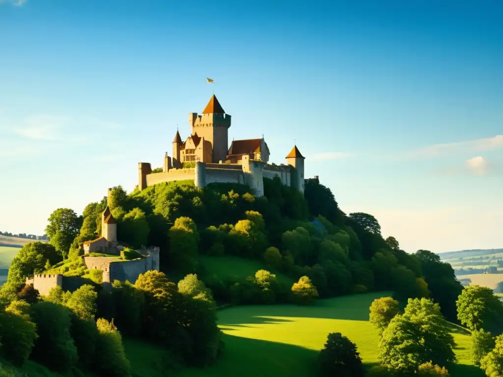 Una majestuosa vista de un castillo medieval en el campo, resaltando la significado y función de torres medievales en la historia