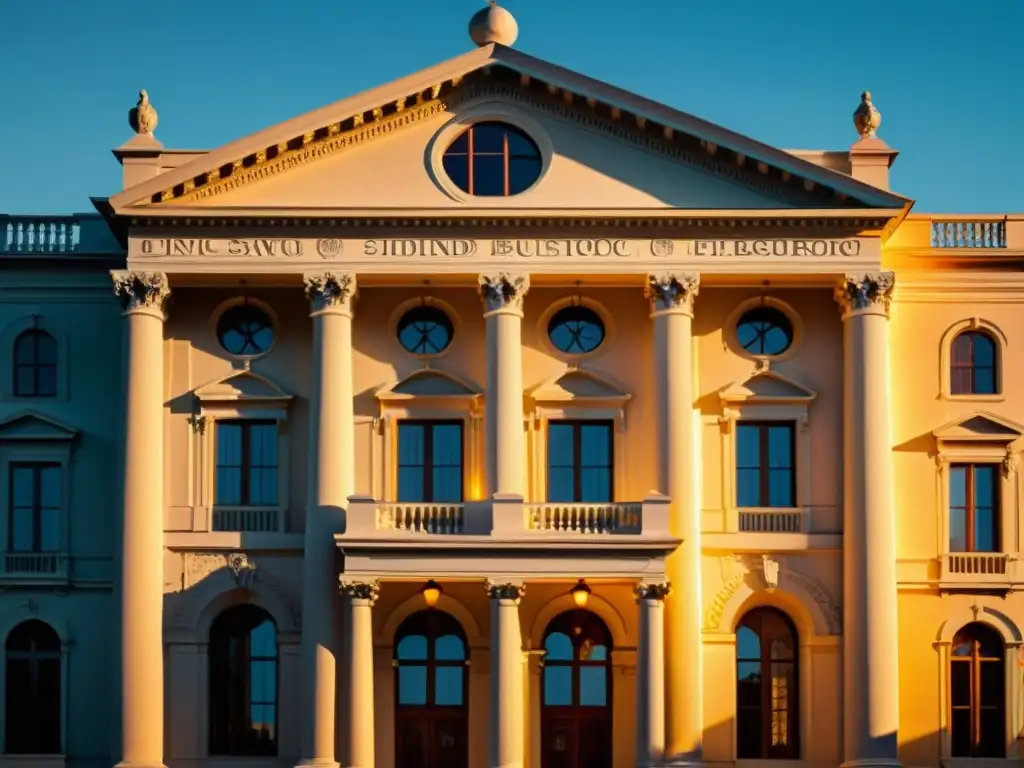 La iluminación cálida resalta la majestuosidad de un edificio histórico al anochecer, evocando nostalgia y sofisticación