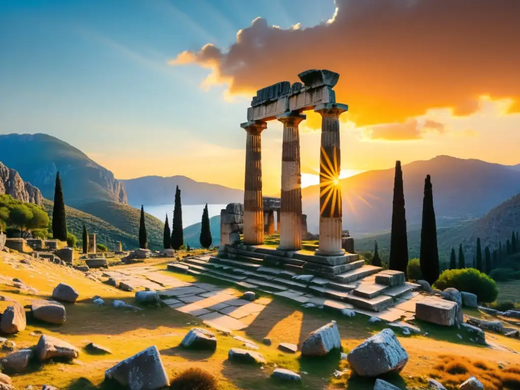 Descubriendo la majestuosidad de los templos griegos antiguos, arquitectura en ruinas de Apolo en Delphi bajo el cálido atardecer