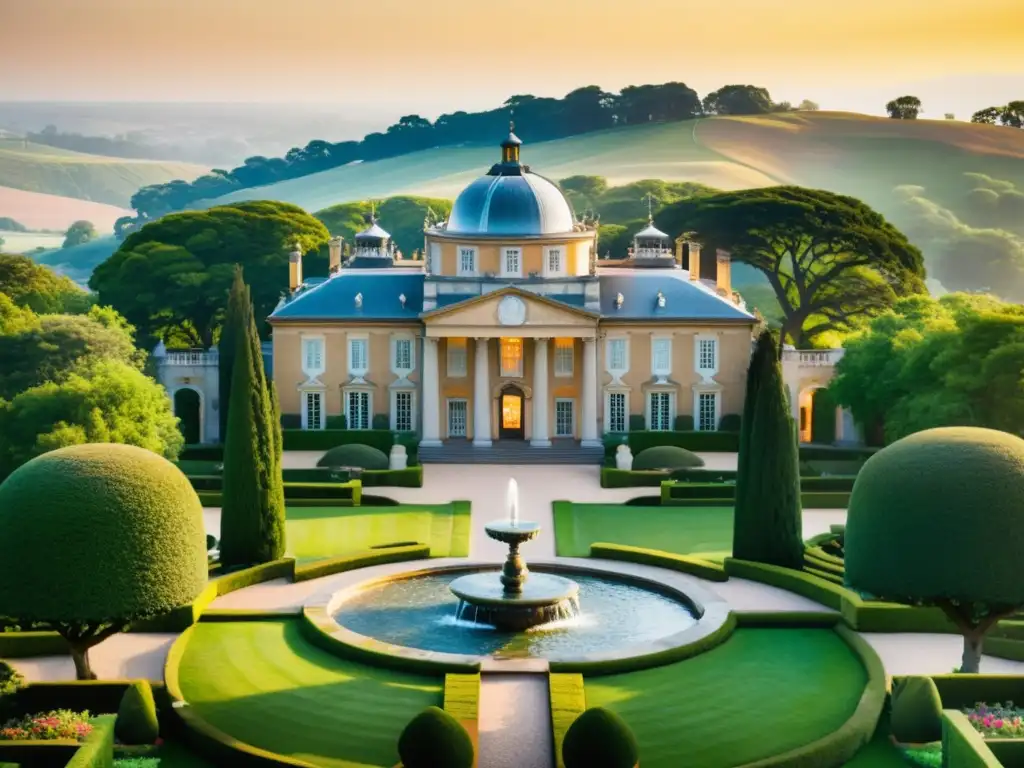 Un majestuoso y centenario estate entre colinas con jardines exuberantes y una fuente, bañados por la cálida luz del atardecer