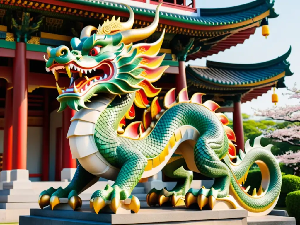 Un majestuoso dragón de piedra tallada rodea la base de una pagoda, con detalles brillantes a la luz del sol