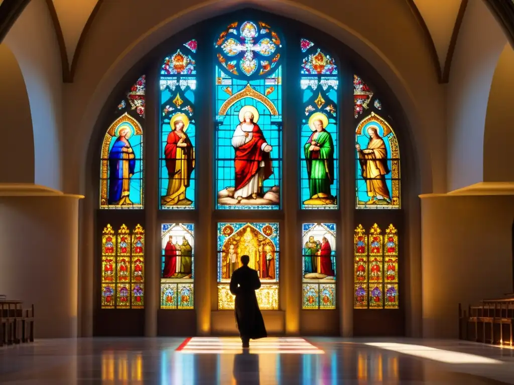 Un majestuoso vitral en una catedral, con luz solar creando un juego de colores y patrones en el suelo de piedra